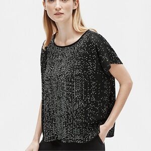 Eileen Fisher Sweater Top Large XL Sleek Tencel Bateau‎ Neck Black White